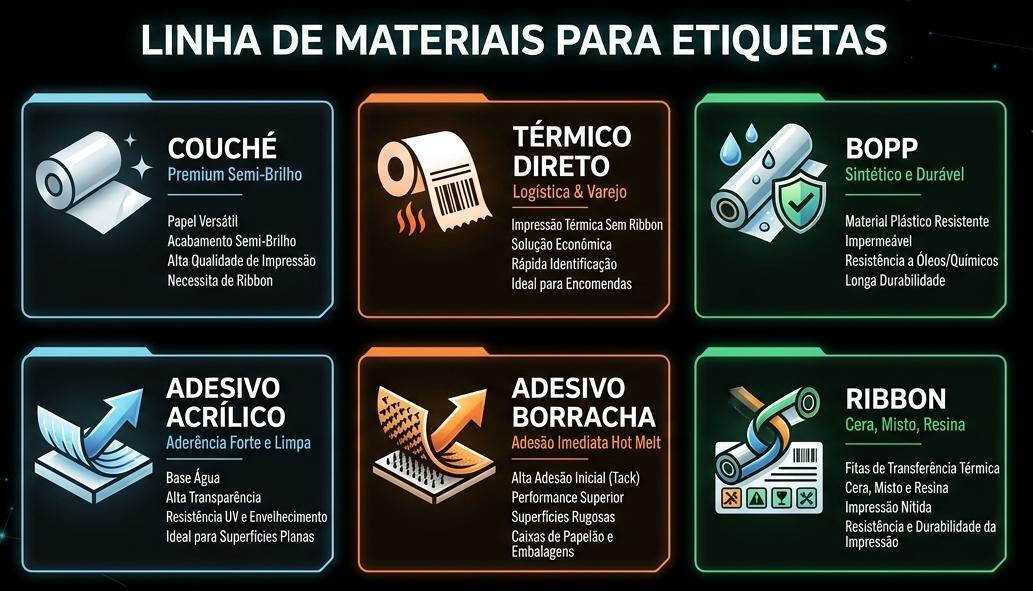 Linha de materiais para etiquetas: Couche, Térmico Direto, BOPP, Adesivo Acrílico, Adesivo Borracha e Ribbon