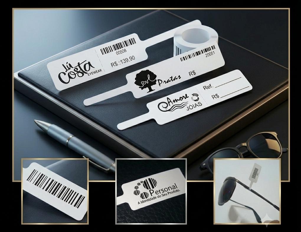 Etiquetas para ótica, joias e semijoias já impressas com nome da loja, logotipo, código de barras e valor