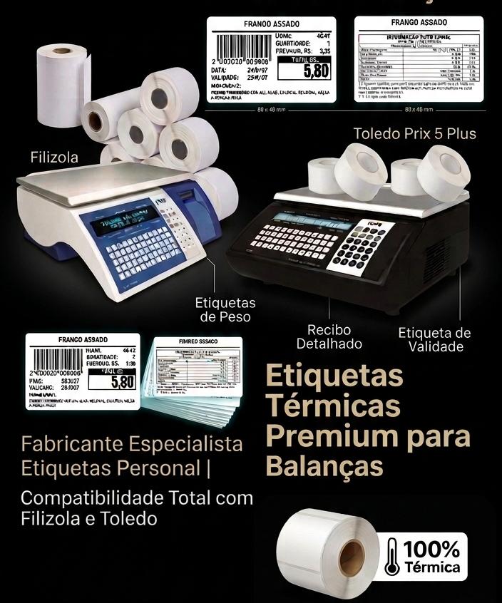 Etiquetas térmicas premium para balanças Filizola e Toledo